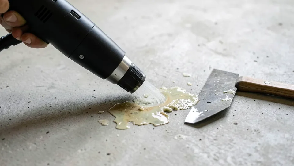 A heat gun softening dried carpet adhesive residue on concrete