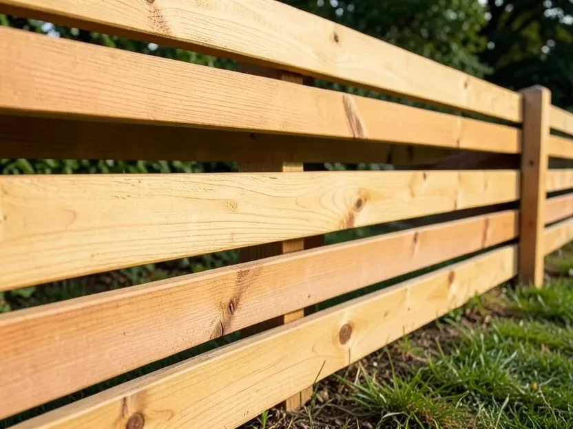 Close-up of a horizontal-slat ranch-rail style low wood fence with gaps between boards