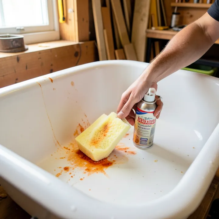 Scrubbing an orange rust stain in a white fiberglass tub with a sponge and rust remover spray
