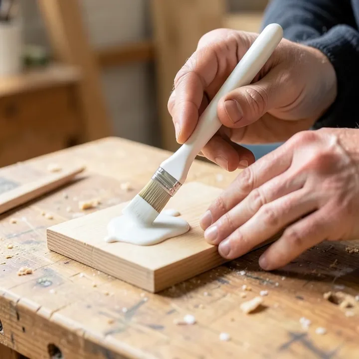hands applying white glue to two wood pieces with visible squeeze-out
