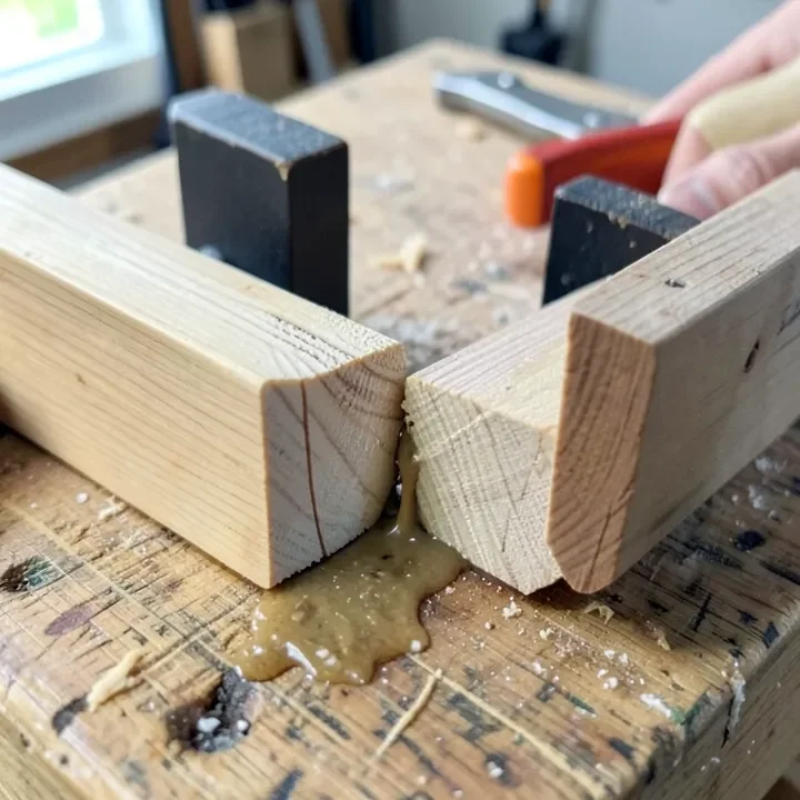 wood clamps holding glued boards together with visible glue squeeze-out
