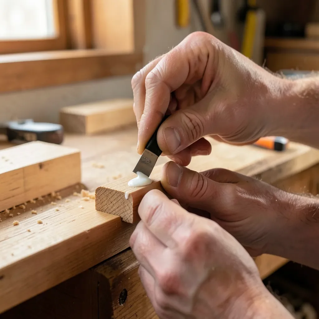 hands applying white glue to a wood joint before clamping