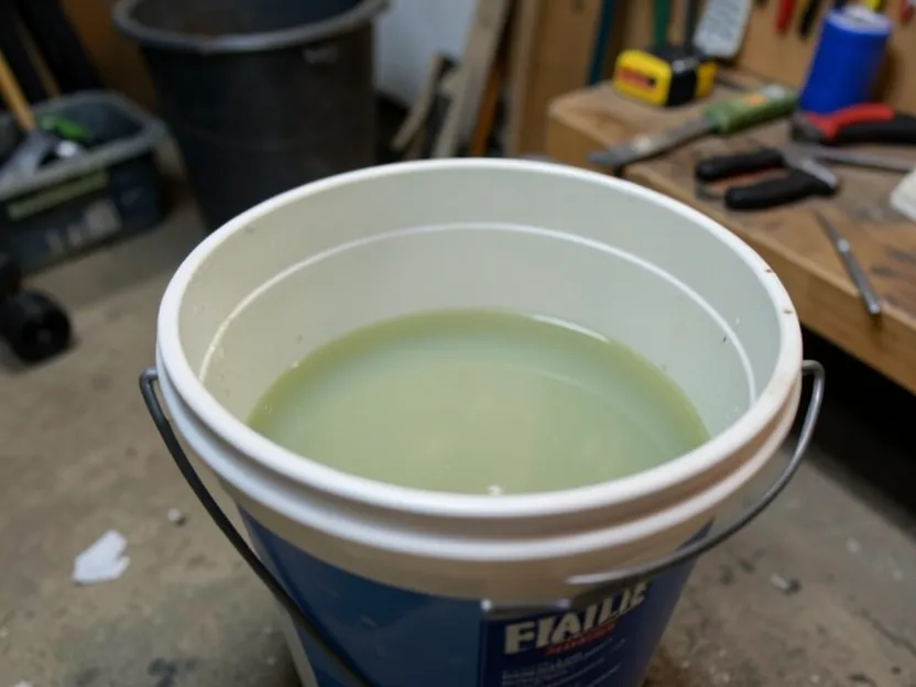 Bucket of paint-tinted rinse water left to settle before disposal