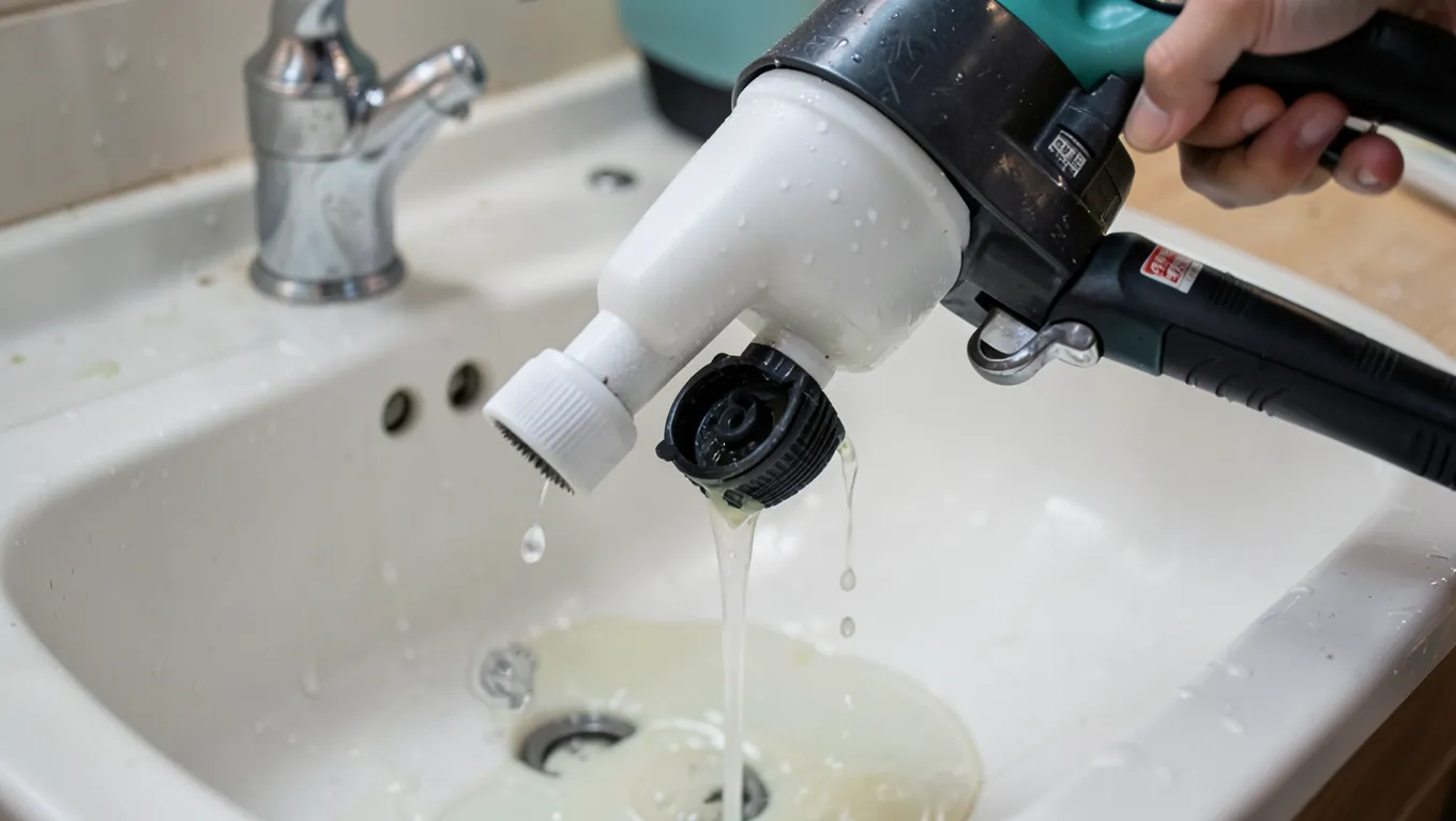 Disassembling and rinsing a paint sprayer at a utility sink