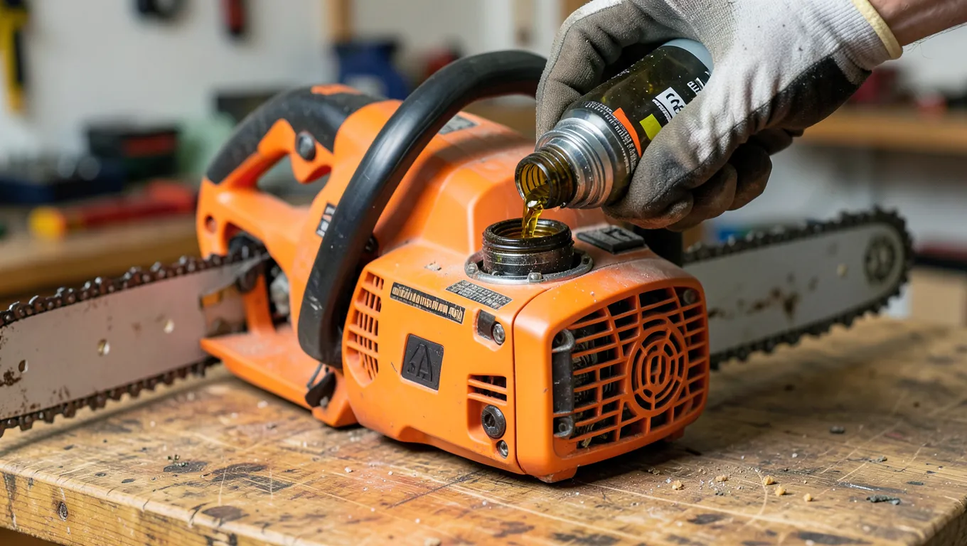 Filling the oil reservoir cap of a chainsaw with bar and chain oil, saw powered off