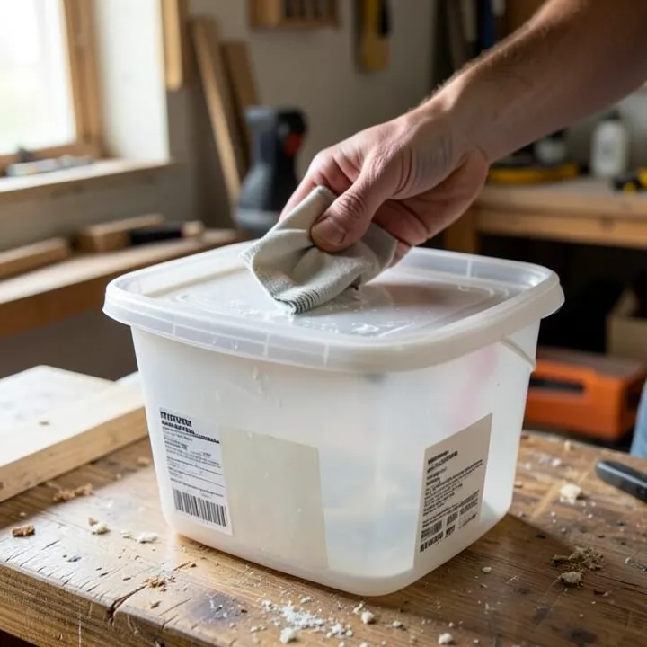 Wiping sticky label residue off a plastic storage container