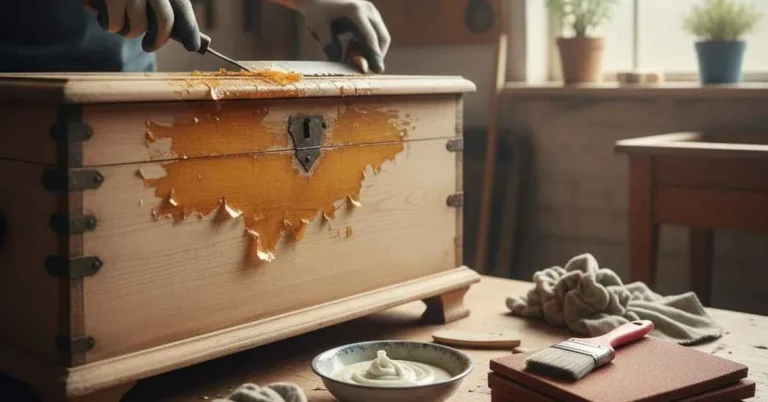 carpenter scraping cracked yellowed varnish off a wooden chest lid with a paint scraper