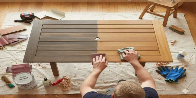Refinishing a teak table comparing weathered and restored sides