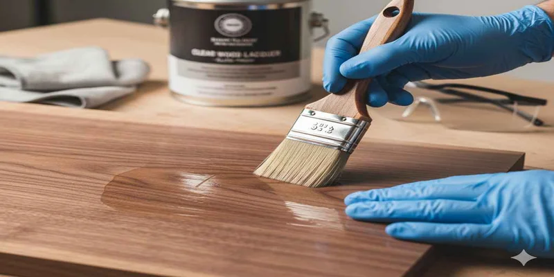 Applying clear lacquer to a wood board