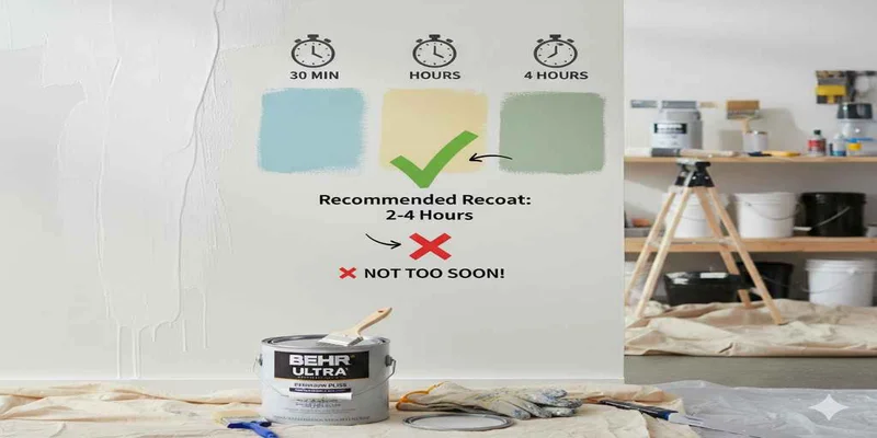 Behr paint can and recoat time chart on a wall