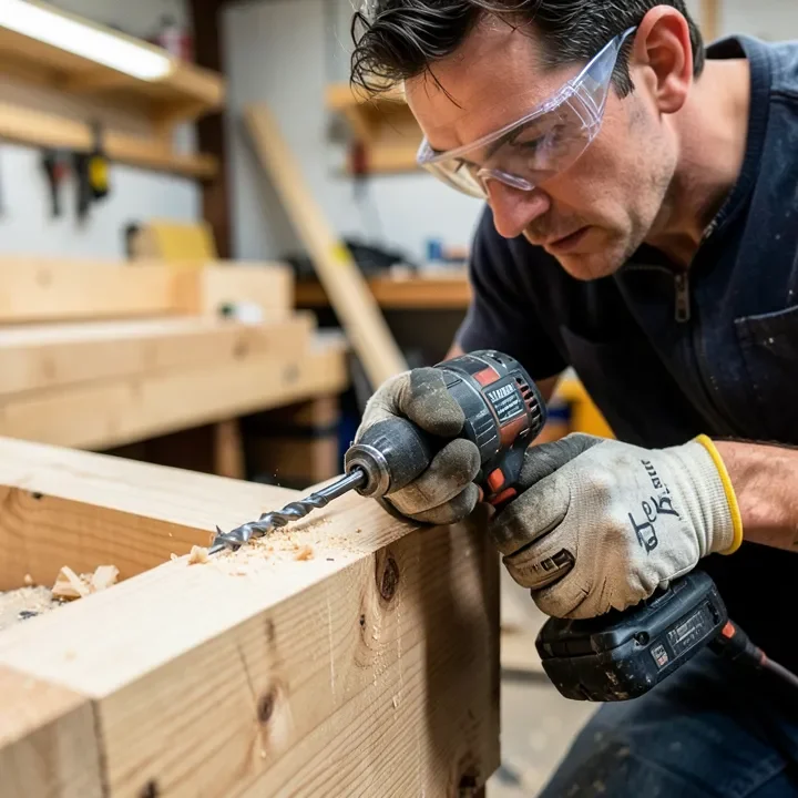 Drilling a large-diameter hole through a wood beam with an impact driver and auger bit while wearing safety glasses