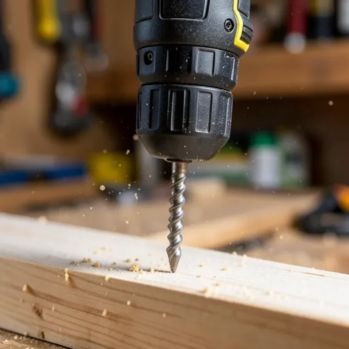 Cordless impact driver driving a long screw into lumber using its hex-shank bit