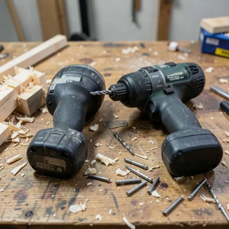 A cordless impact driver next to a cordless drill driver on a workbench
