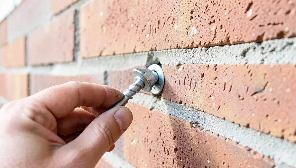 Inserting a wall anchor into a freshly drilled and cleaned hole in brick