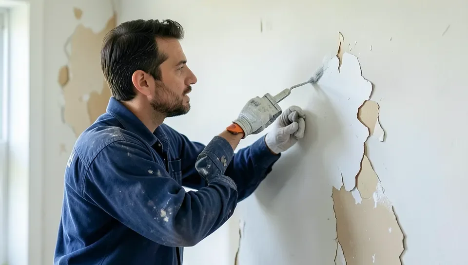Inspecting peeling paint on a wall
