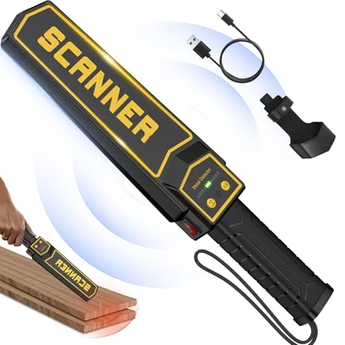 JKUSS handheld metal detector wand used to scan salvaged wood for hidden nails