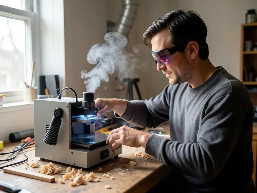 Person wearing laser safety goggles operating a desktop laser engraver with a ventilation duct removing smoke