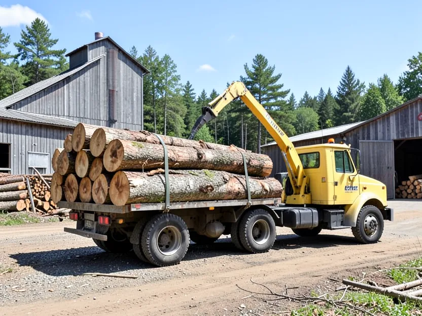 Logging truck loaded with hardwood logs at a rural sawmill yard