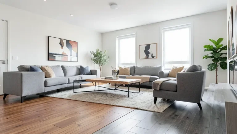 Living room floor transitioning from warm engineered hardwood to gray luxury vinyl plank