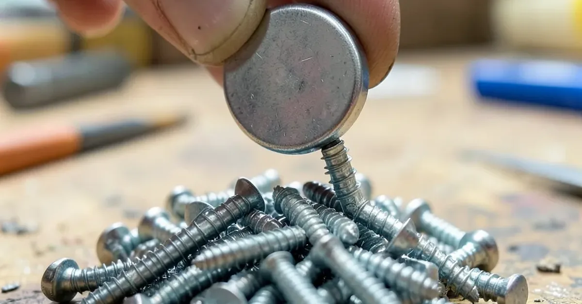 Testing a stainless steel screw with a small magnet on a workbench