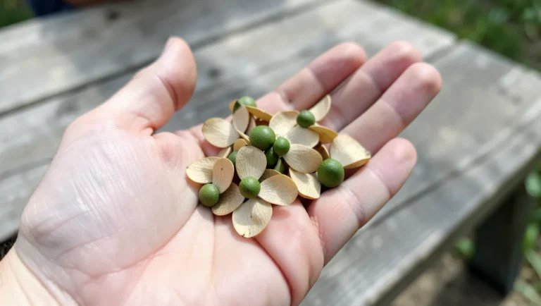 Hand holding green winged maple seed samaras outdoors