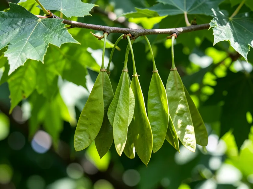 Cluster of green immature maple samaras hanging from a branch