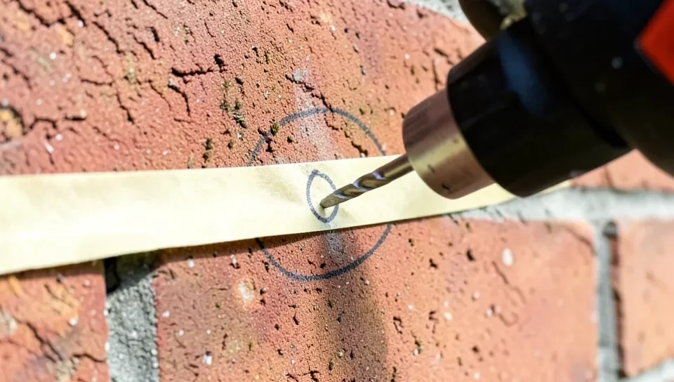 Masking tape over a marked spot to keep the masonry bit from wandering on brick