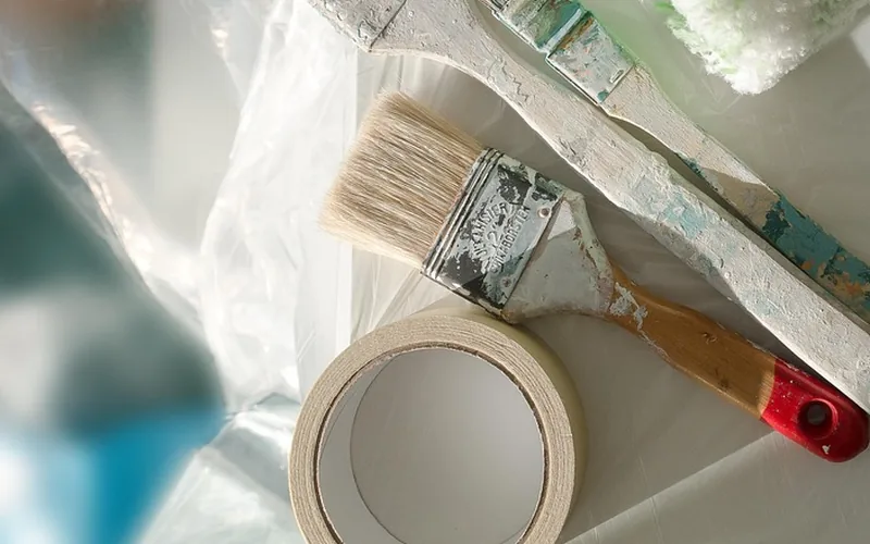 Roll of masking tape and a paint brush laid on plastic sheeting before starting a paint job