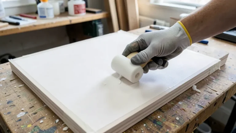 Applying white paint with a foam roller to a flat MDF cabinet door