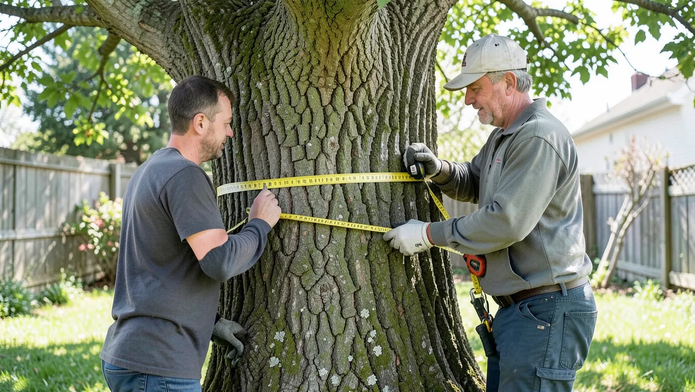Two people measuring the diameter of a mature ash tree trunk with a diameter tape