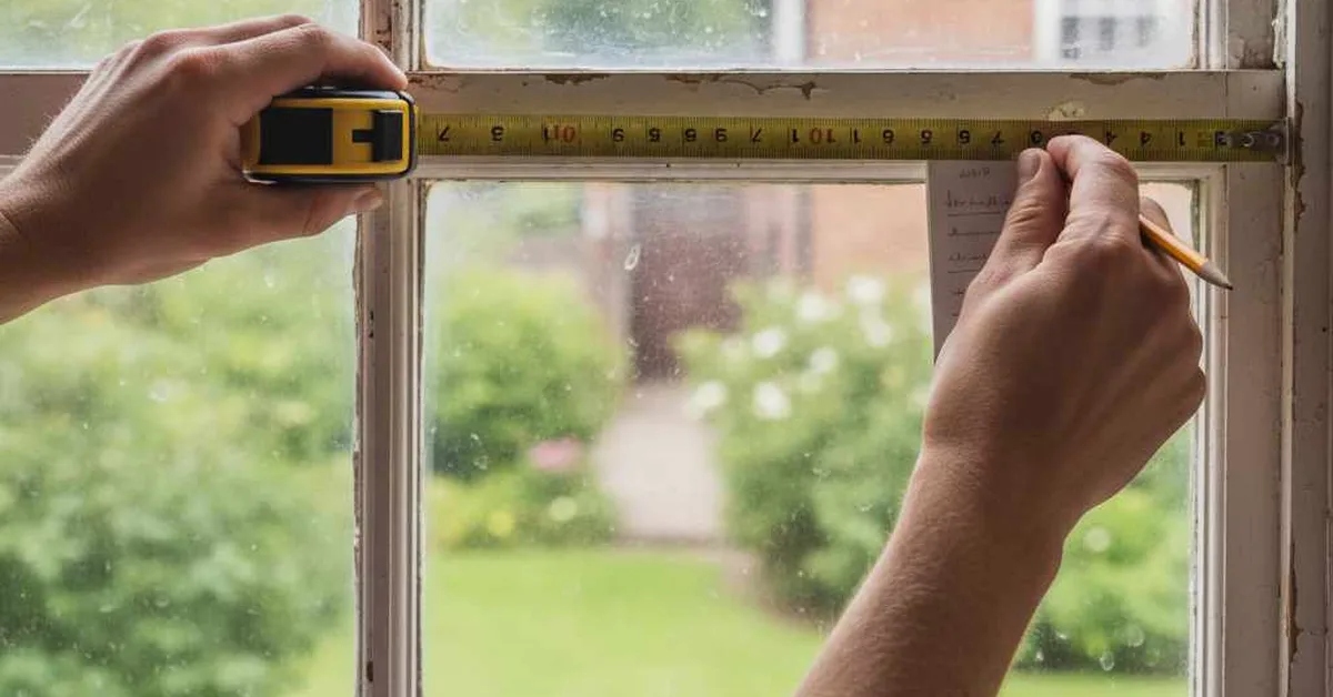 Measuring an old wood window frame with a tape measure before replacement