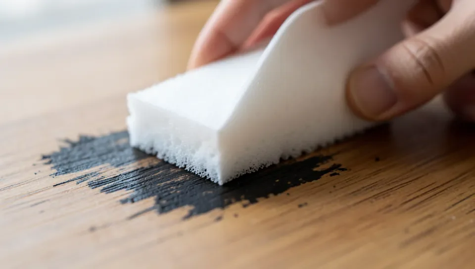 A melamine sponge scrubbing a marker stain off wood