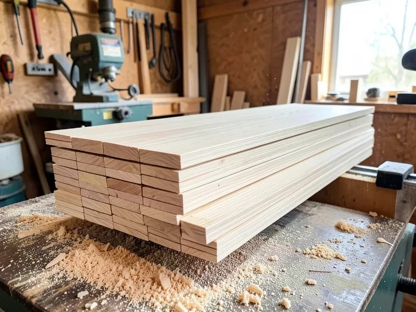 Freshly milled straight-grain ash lumber boards stacked in a workshop