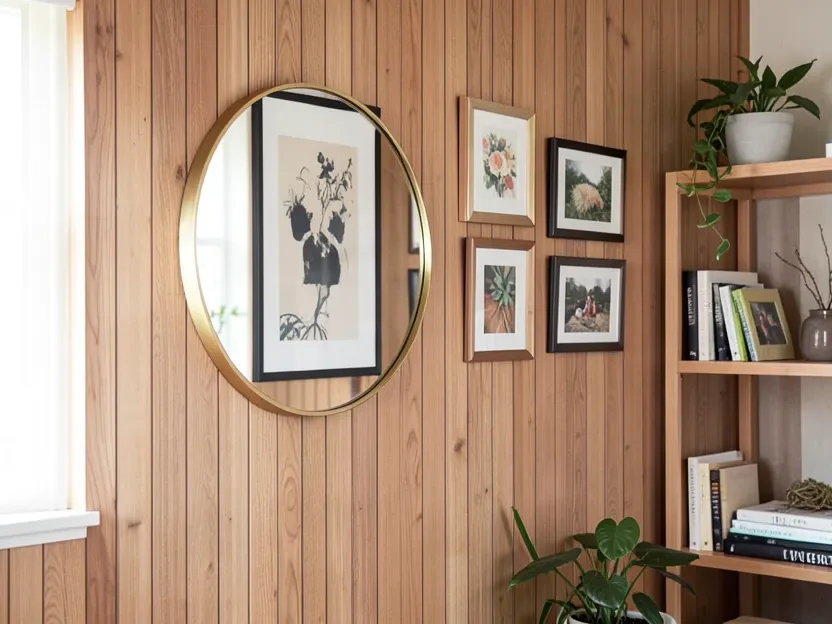 Round mirror and gallery wall of framed art hung on a wood paneled wall to add brightness and contrast