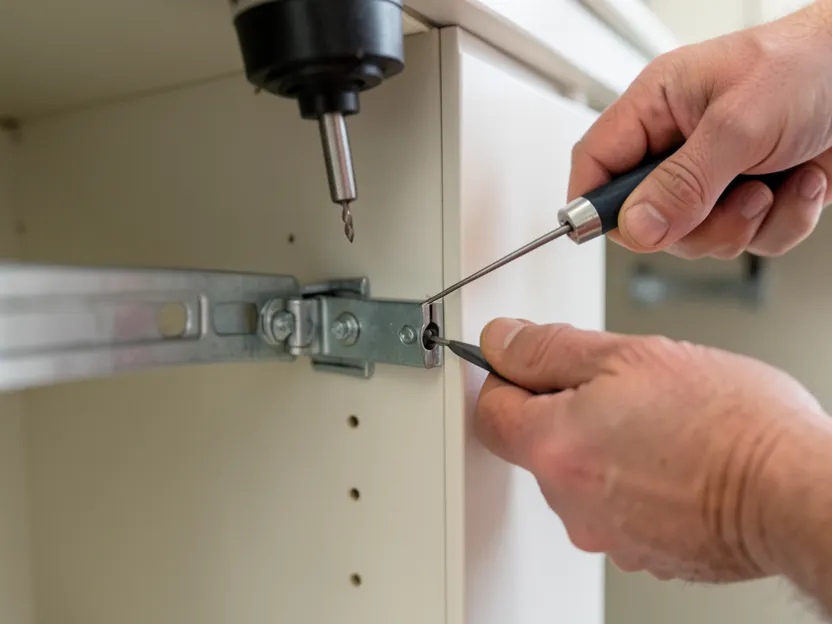 Drawer slide rail being screwed to the side wall of a kitchen cabinet interior