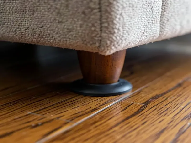 Non-slip rubber grip pads under a sofa leg on a hardwood floor