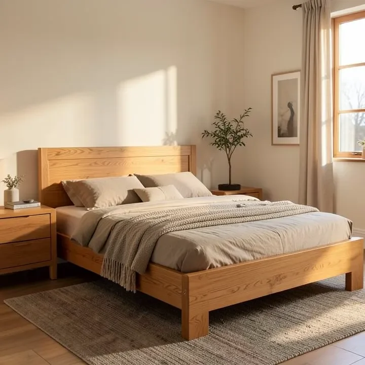 A bedroom furnished with matching solid oak bed frame, dresser, and nightstand