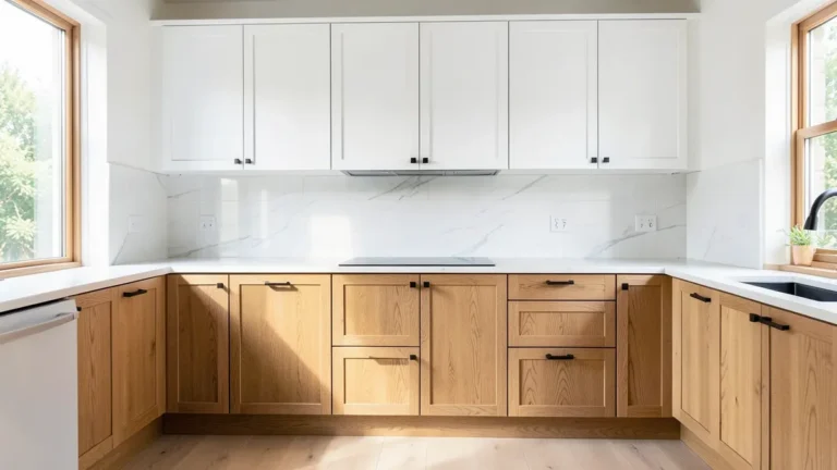 Oak kitchen cabinets refinished two-tone, white upper cabinets and natural wood lower cabinets
