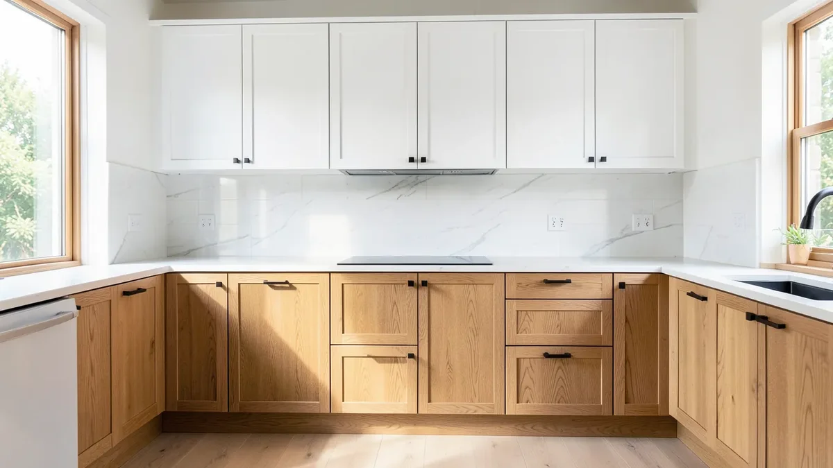 Oak kitchen cabinets refinished two-tone, white upper cabinets and natural wood lower cabinets