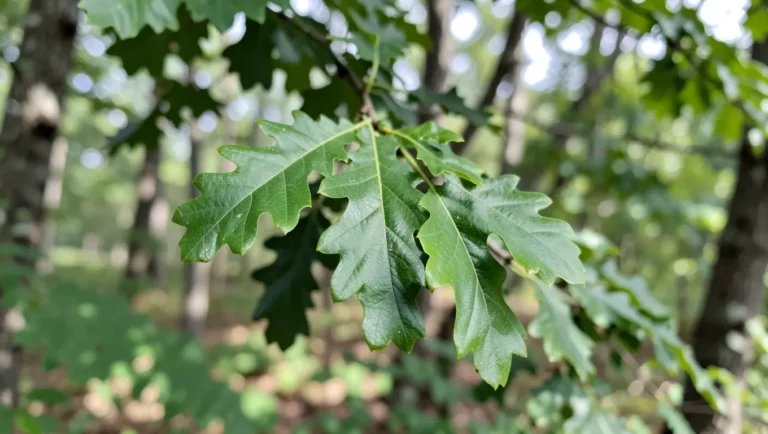 Green oak tree leaves on a branch in a forest