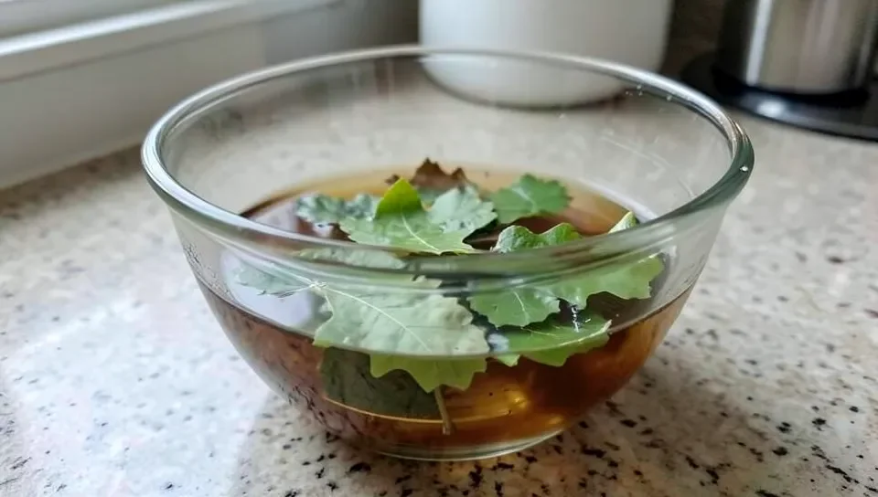 Chopped oak leaves soaking in a bowl of water discolored brown by leaching tannins