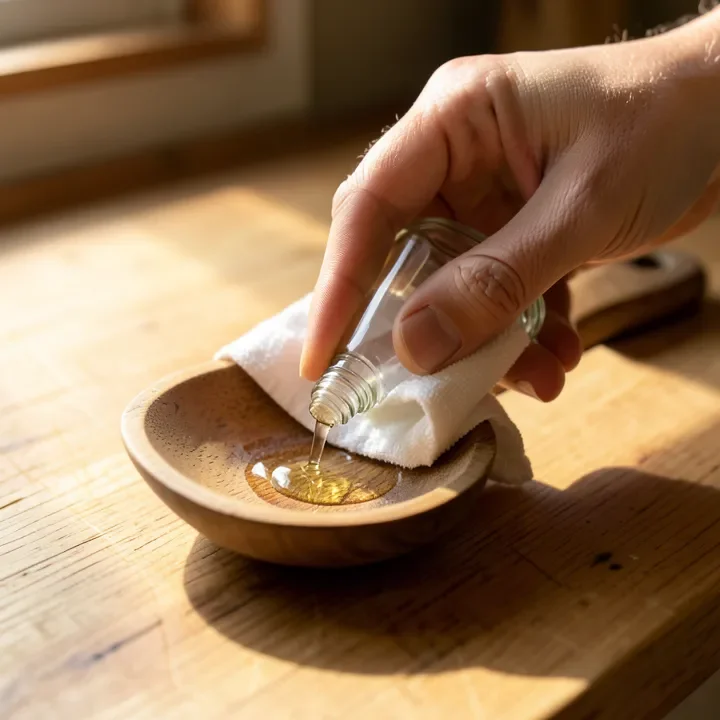 Hand applying food-grade mineral oil with a cloth to a wooden cooking spoon