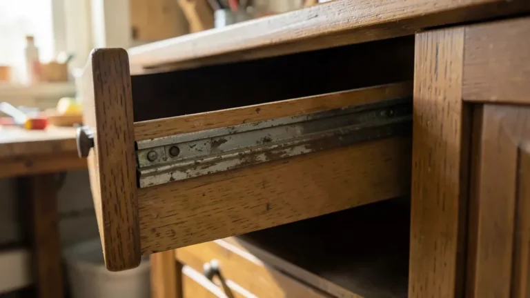 Worn old wooden drawer with a metal slide runner showing wear before undermount slide conversion