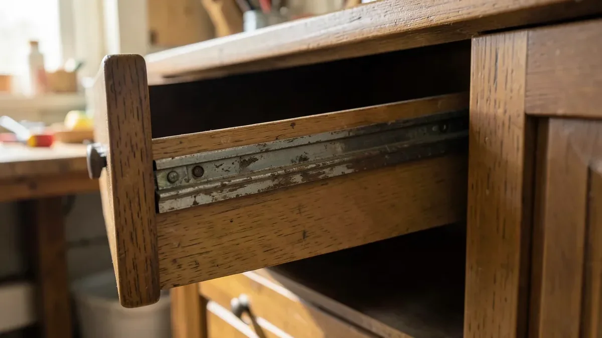 Worn old wooden drawer with a metal slide runner showing wear before undermount slide conversion