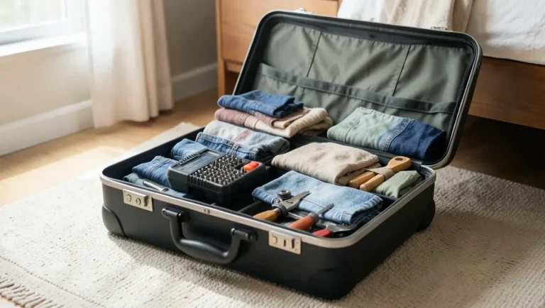 Compact drill bit case packed inside checked luggage next to folded clothes