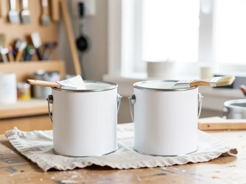 Two open cans of white interior paint with brushes ready for a wood trim painting project