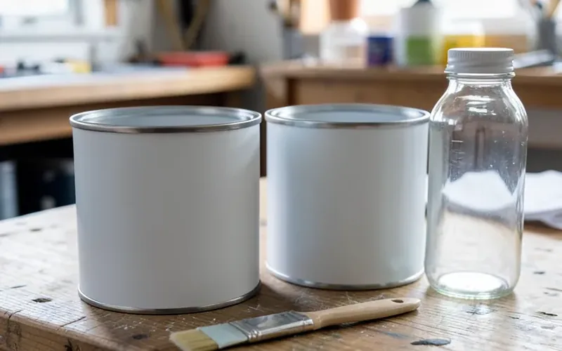paint cans, a brush, and a jar of solvent arranged on a workshop workbench