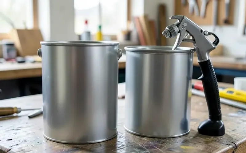 paint cans and a spray gun in a workshop representing different solvent-based finishing systems