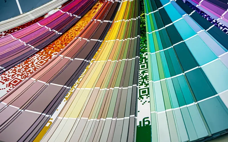 Fanned paint color swatch strips in many colors