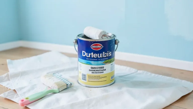 Paint supplies in a room with a freshly painted wall